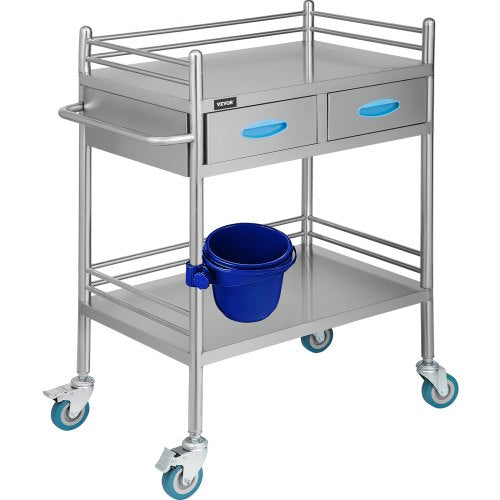 VEVOR Lab Serving Cart Utility Cart with Two-Story Rolling Cart with Two Drawers for Lab Equipment Use Stainless Steel Utility Services (2 Shelves / 2 Drawer)