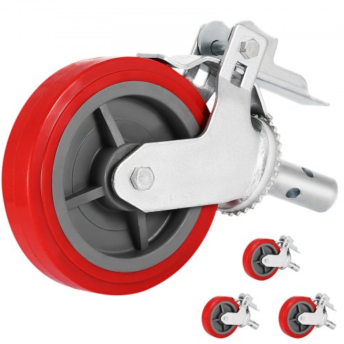 VEVOR Scaffolding Wheels Set of 4, 8\" - Scaffolding Casters Heavy Duty, 3200 Lbs Per Set - Locking Stem Casters with Brake, Red Polyurethane - Replacement for Scaffold, Shelves, Workbench