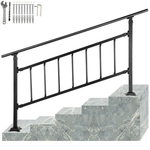 VEVOR Outdoor Stair Railing, Fits for 1-4 Steps Transitional Wrought Iron Handrail, Adjustable Exterior Stair Railing, Handrails for Concrete Steps with Installation Kit, Matte Black Outdoor Handrail