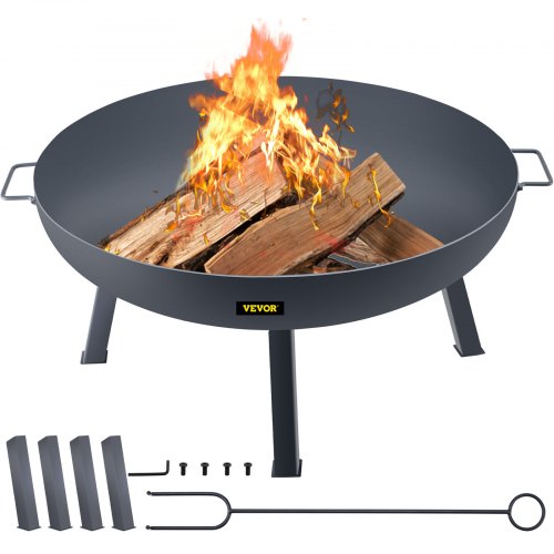 VEVOR Fire Pit Bowl, 34-Inch Deep Round Carbon Steel Fire Bowl, Wood Burning for Outdoor Patios, Backyards & Camping Uses, Portable Handles and A Firewood Stick, Black