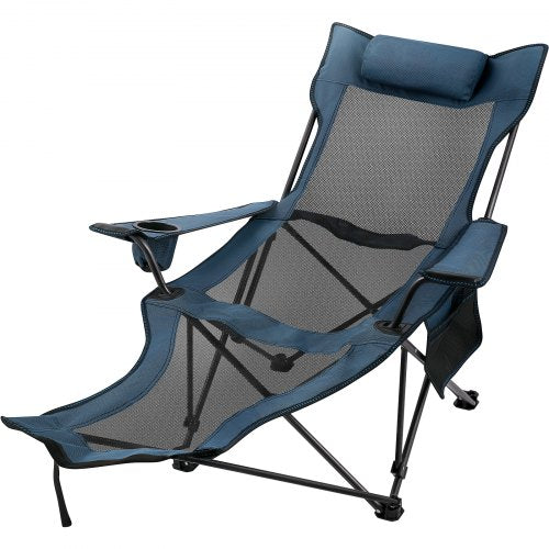 VEVOR Folding Camp Chair with Footrest Mesh, Portable Lounge Chair with Cup Holder and Storage Bag, for Camping Fishing and Other Outdoor Activities (Blue)