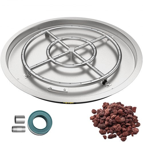 VEVOR Drop in Fire Pit Pan, 31" x 31" Round Fire Pit Burner, Stainless Steel Gas Fire Pan, Fire Pit Burner Pan w/ 1 Pack Volcanic Rock Fire Pit Insert w/ 300K BTU for Keeping Warm w/ Family & Friends