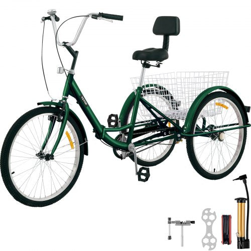 VEVOR Foldable Tricycle 24’’ Wheels, 1-Speed Green Trike, 3 Wheels Colorful Bike With Basket, Portable And Foldable Bicycle for Adults Exercise Shopping  Picnic Outdoor Activities