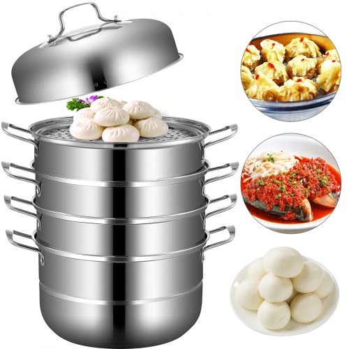 VEVOR 5-Tier Stainless Steel Steamer, 11'' Multi-Layer Cookware Pot with Handles on Both Sides, Work with Gas, Electric, Grill Stove Top, Dia-28cm, Sliver