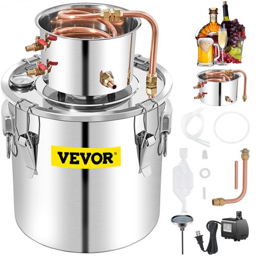 VEVOR Alcohol Still 13.2Gal/50L, Alcohol Distiller with Circulating Pump, Alcohol Still Copper Tube, Whiskey Distilling Kit w/Build-In Thermometer, Whiskey Making Kit for DIY Alcohol, Stainless Steel