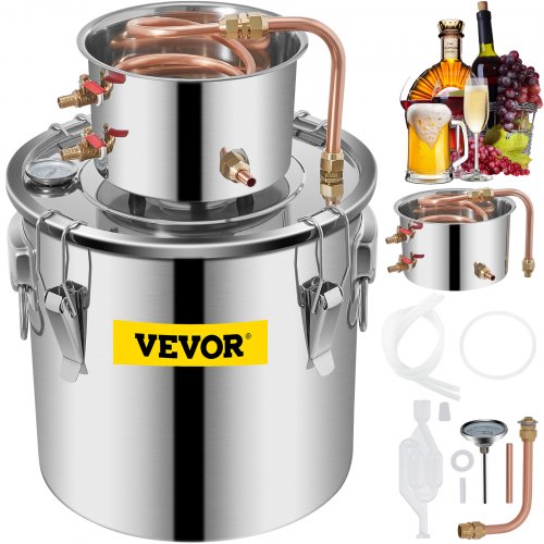 VEVOR Moonshine Still Distiller 5Gal 21L Stainless Steel Water Distiller Copper Tube Home Brewing Kit Build-in Thermometer for DIY Whisky Wine Brandy Sliver