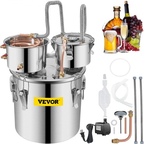 VEVOR Moonshine Still Stainless Steel Water Alcohol Distiller Copper Tube With Circulating Pump Home Brewing Kit Build-in Thermometer for DIY Whisky Wine Brandy Spirits