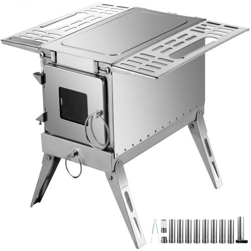 VEVOR Tent Wood Stove 18.3x15x14.17 inch, Camping Wood Stove 304 Stainless Steel With Folding Pipe, Portable Wood Stove 90.6 inch Total Height For Camping, Tent Heating, Hunting, Outdoor Cooking