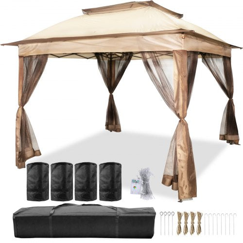 VEVOR Outdoor Canopy Gazebo Tent, Portable Canopy Shelter with 11'x11' Large Shade Space for Party, Backyard, Patio Lawn and Garden, 4 Sandbags, Carrying Bag and Netting Included, Brown