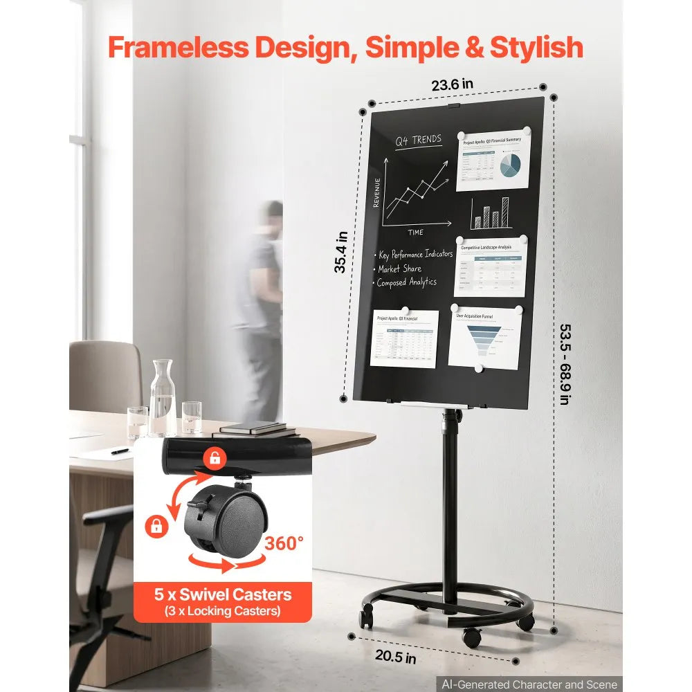 Mobile Magnetic Glass Dry Erase Board with Stand & Wheels, 35.4" x 23.6", Frameless Black