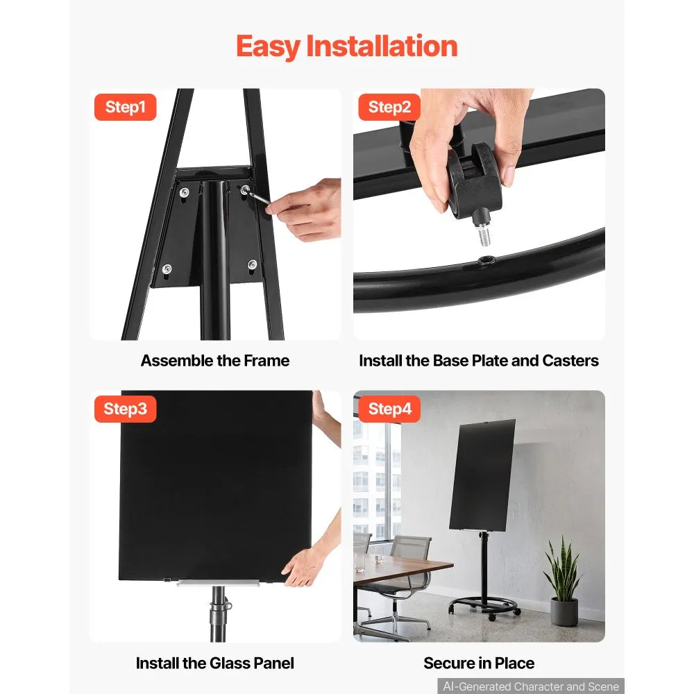 Mobile Magnetic Glass Dry Erase Board with Stand & Wheels, 35.4" x 23.6", Frameless Black