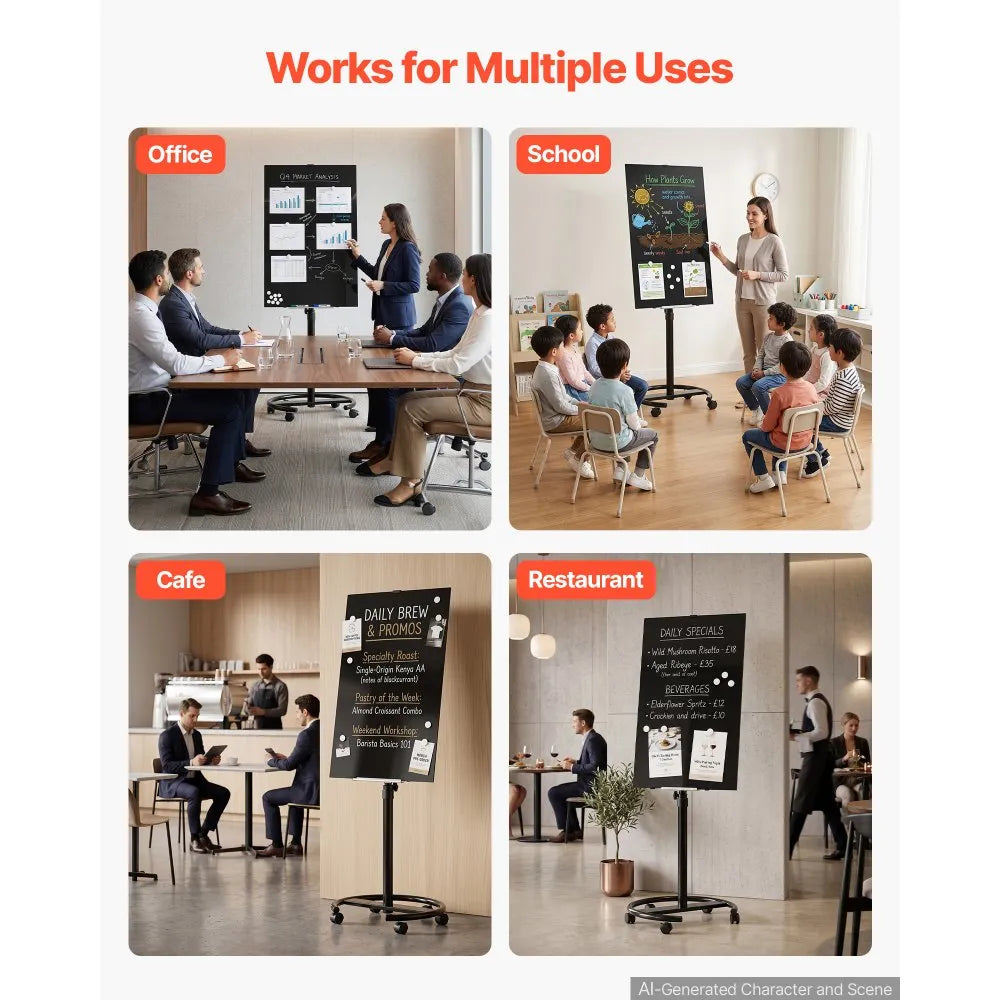Mobile Magnetic Glass Dry Erase Board with Stand & Wheels, 35.4" x 23.6", Frameless Black