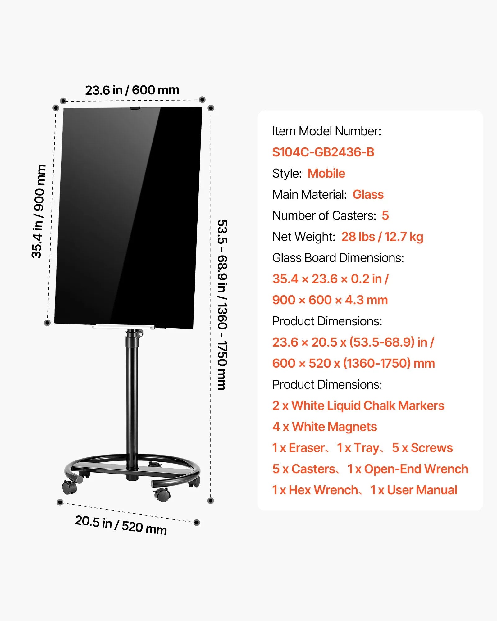 Mobile Magnetic Glass Dry Erase Board with Stand & Wheels, 35.4" x 23.6", Frameless Black
