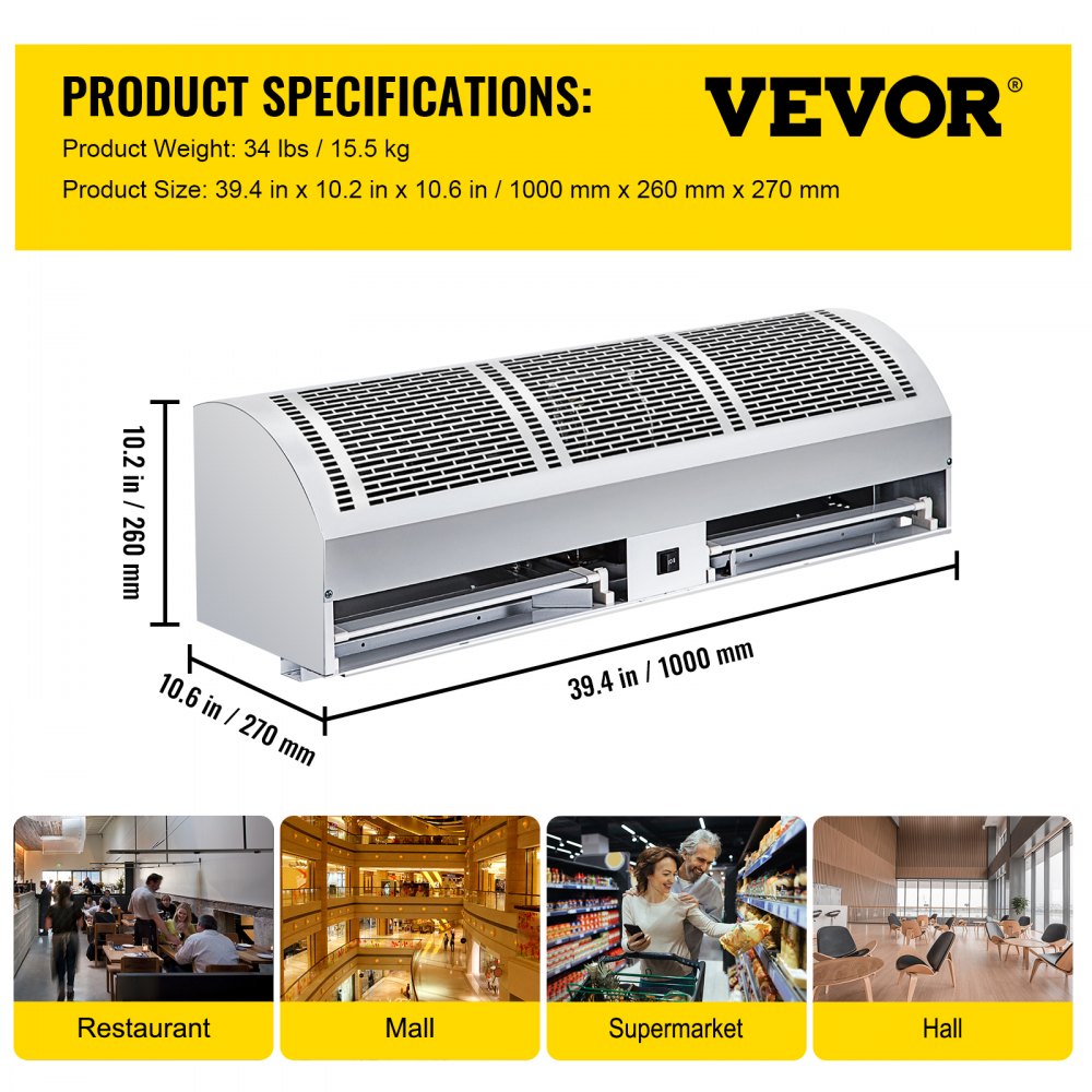 VEVOR Air Curtain 40-Inch Commercial Air Curtain 2 Speeds Door Air Curtain 1667 CFM/1490 CFM with 2 Limited Switches Low Noise Indoor Air Curtain 