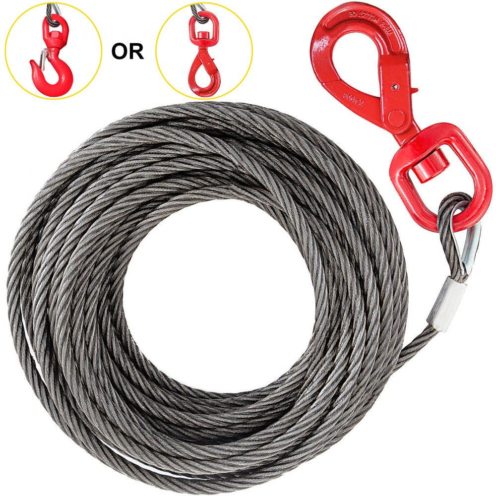 VEVOR Winch Cable 4400 lbs Capacity, Winch Wire Cable 50 Ft Length, Steel Cable Wire Rope with Self-locking Swivel Hook, 3/8 Inch Steel Core Winch Cable with Hook, for Truck Towing Lifting Pulling 