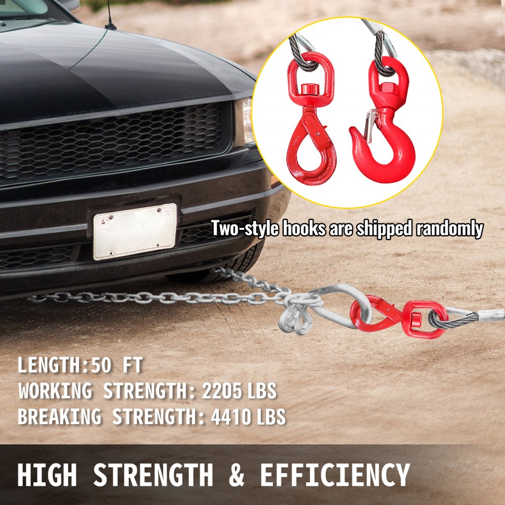 VEVOR Winch Cable 4400 lbs Capacity, Winch Wire Cable 50 Ft Length, Steel Cable Wire Rope with Self-locking Swivel Hook, 3/8 Inch Steel Core Winch Cable with Hook, for Truck Towing Lifting Pulling 