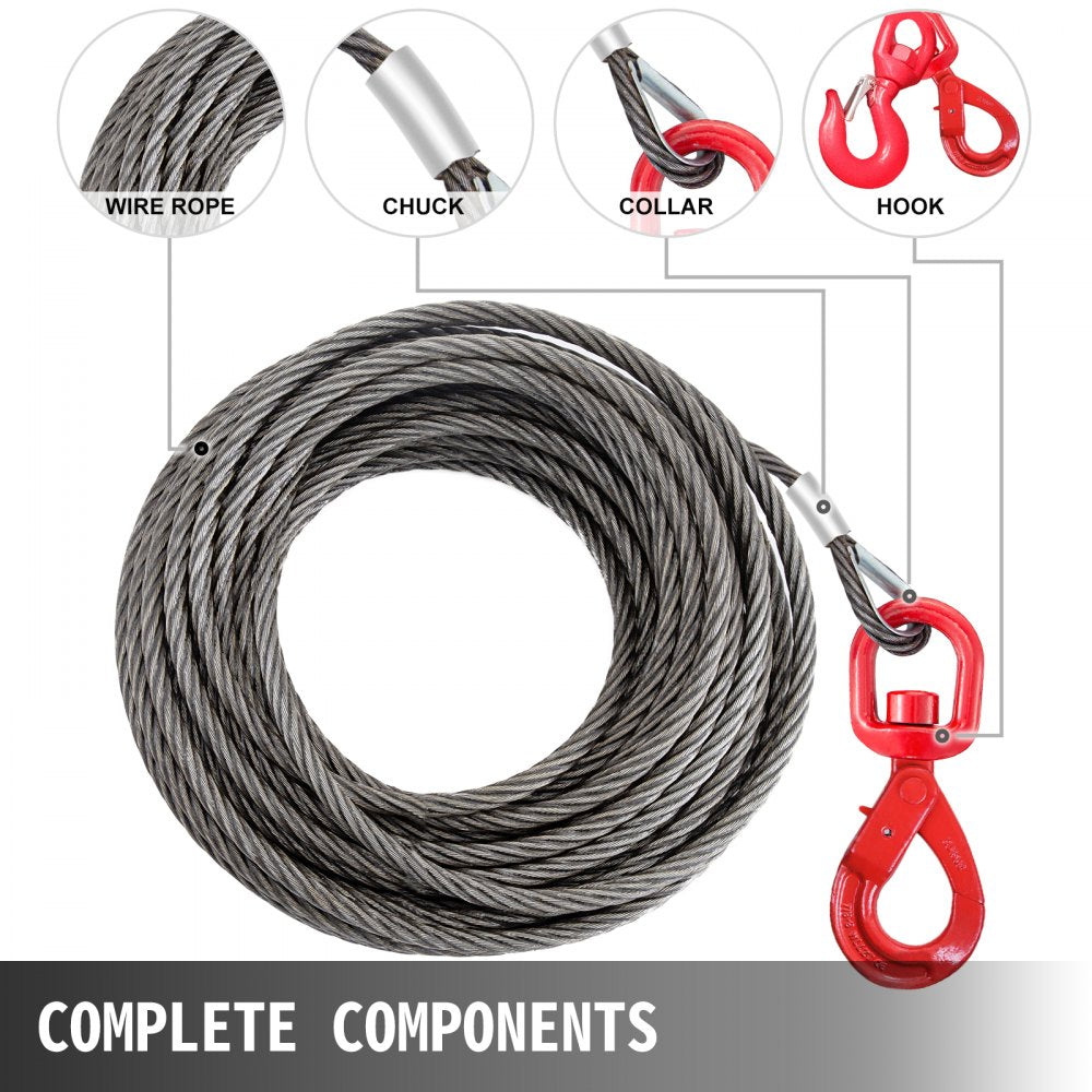 VEVOR Winch Cable 4400 lbs Capacity, Winch Wire Cable 50 Ft Length, Steel Cable Wire Rope with Self-locking Swivel Hook, 3/8 Inch Steel Core Winch Cable with Hook, for Truck Towing Lifting Pulling 