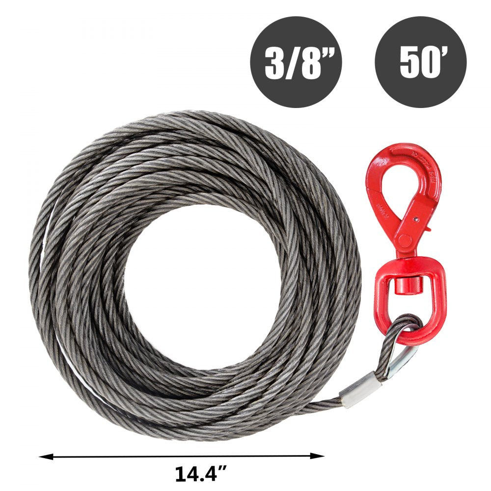 VEVOR Winch Cable 4400 lbs Capacity, Winch Wire Cable 50 Ft Length, Steel Cable Wire Rope with Self-locking Swivel Hook, 3/8 Inch Steel Core Winch Cable with Hook, for Truck Towing Lifting Pulling 