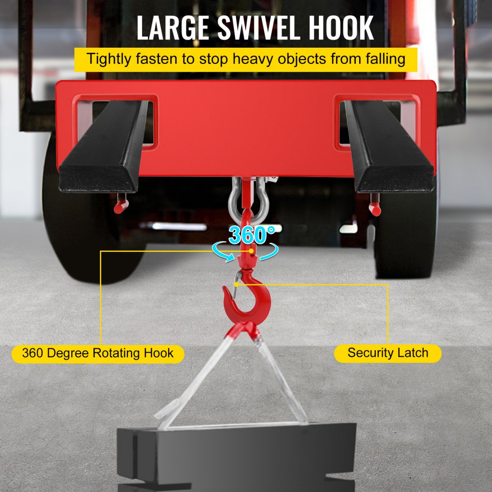 VEVOR Forklift Lifting Hook, 4400lbs Capacity Forklift Lifting Hoist, Red Forklift Mobile Crane with Swivel Hook and Two Large T-Screws, Hook Forklift Lifting Hoist, Fork Lifting Attachment 