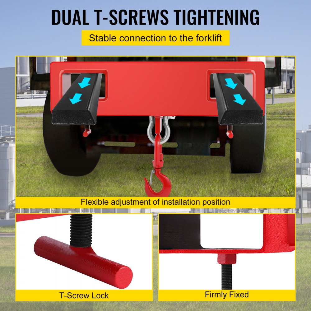 VEVOR Forklift Lifting Hook, 4400lbs Capacity Forklift Lifting Hoist, Red Forklift Mobile Crane with Swivel Hook and Two Large T-Screws, Hook Forklift Lifting Hoist, Fork Lifting Attachment 
