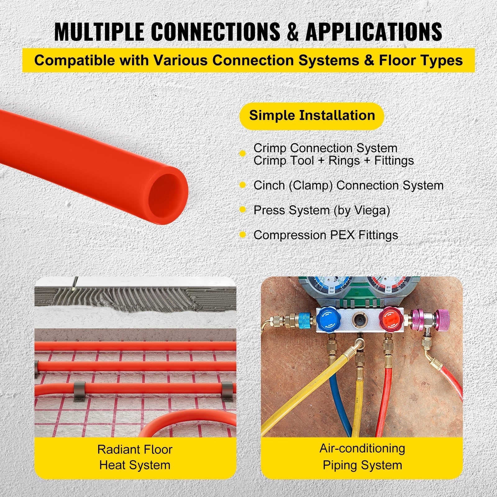 VEVOR Oxygen Barrier 1/2 Inch 300 Feet Tube Coil EVOH PEX-B Pipe, for Residential Commercial Radiant Floor Heating, Red 