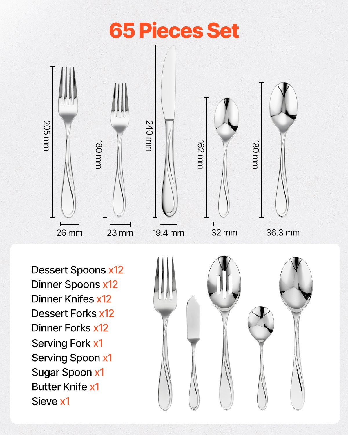 VEVOR 65-Piece Silverware Set Stainless Steel Cutlery Flatware Utensils for 12 
