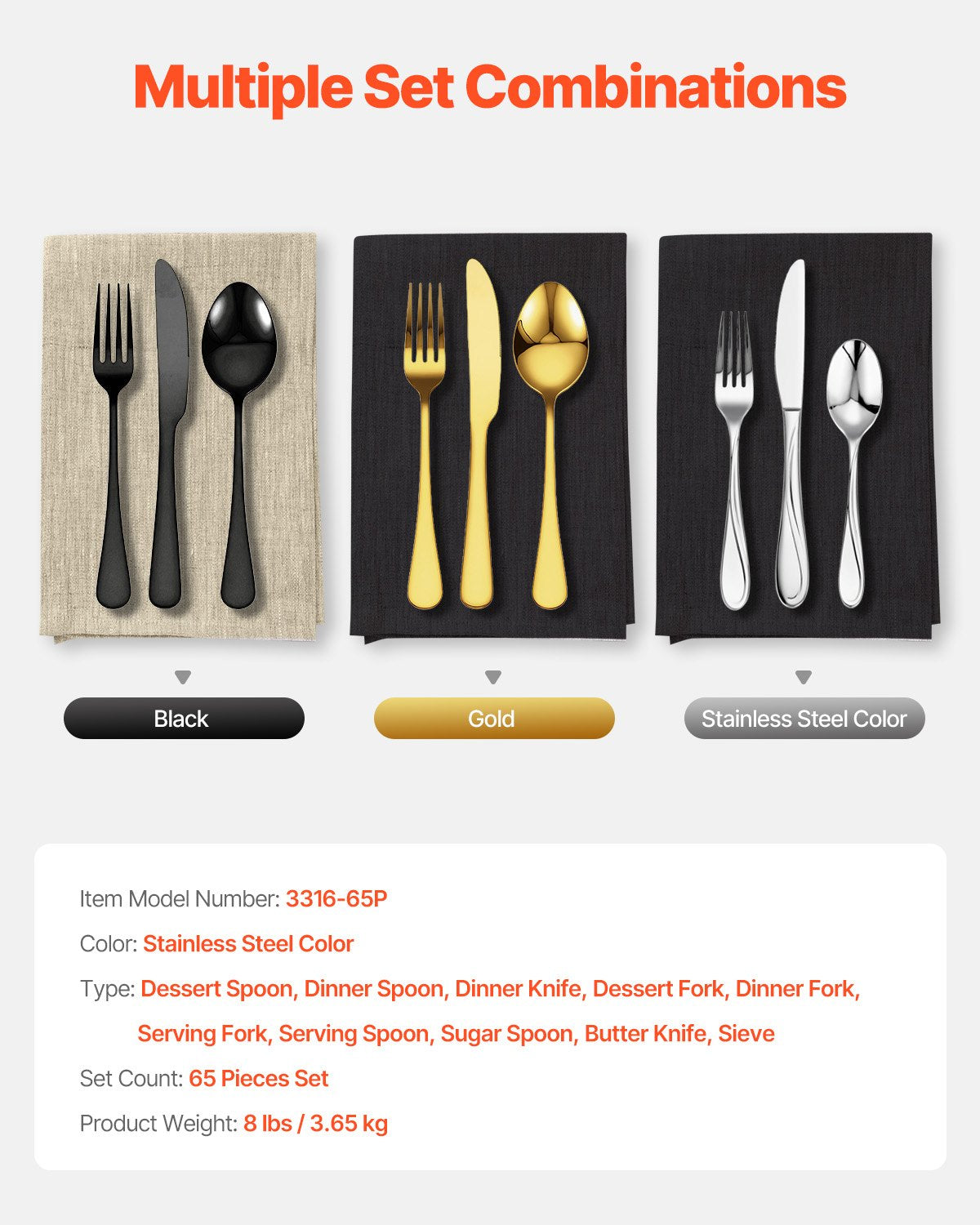 VEVOR 65-Piece Silverware Set Stainless Steel Cutlery Flatware Utensils for 12 