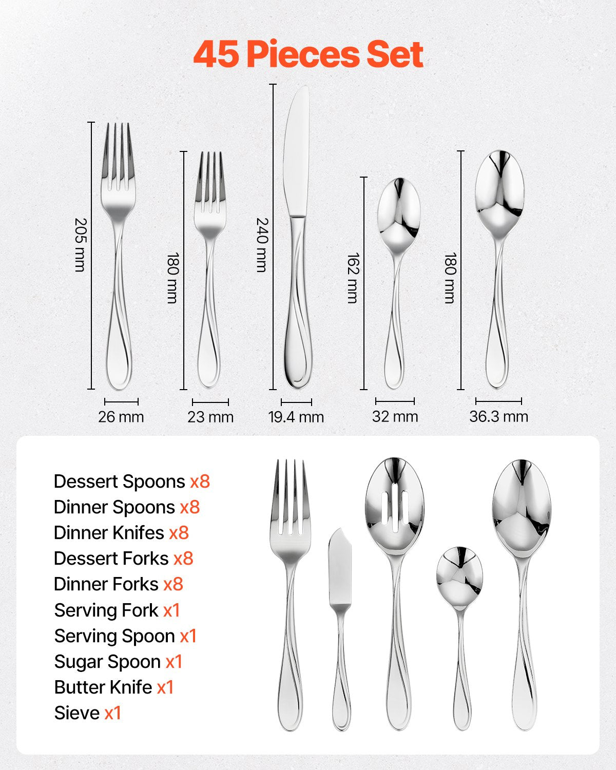 VEVOR 45-Piece Silverware Set Stainless Steel Cutlery Flatware Utensils for 8 