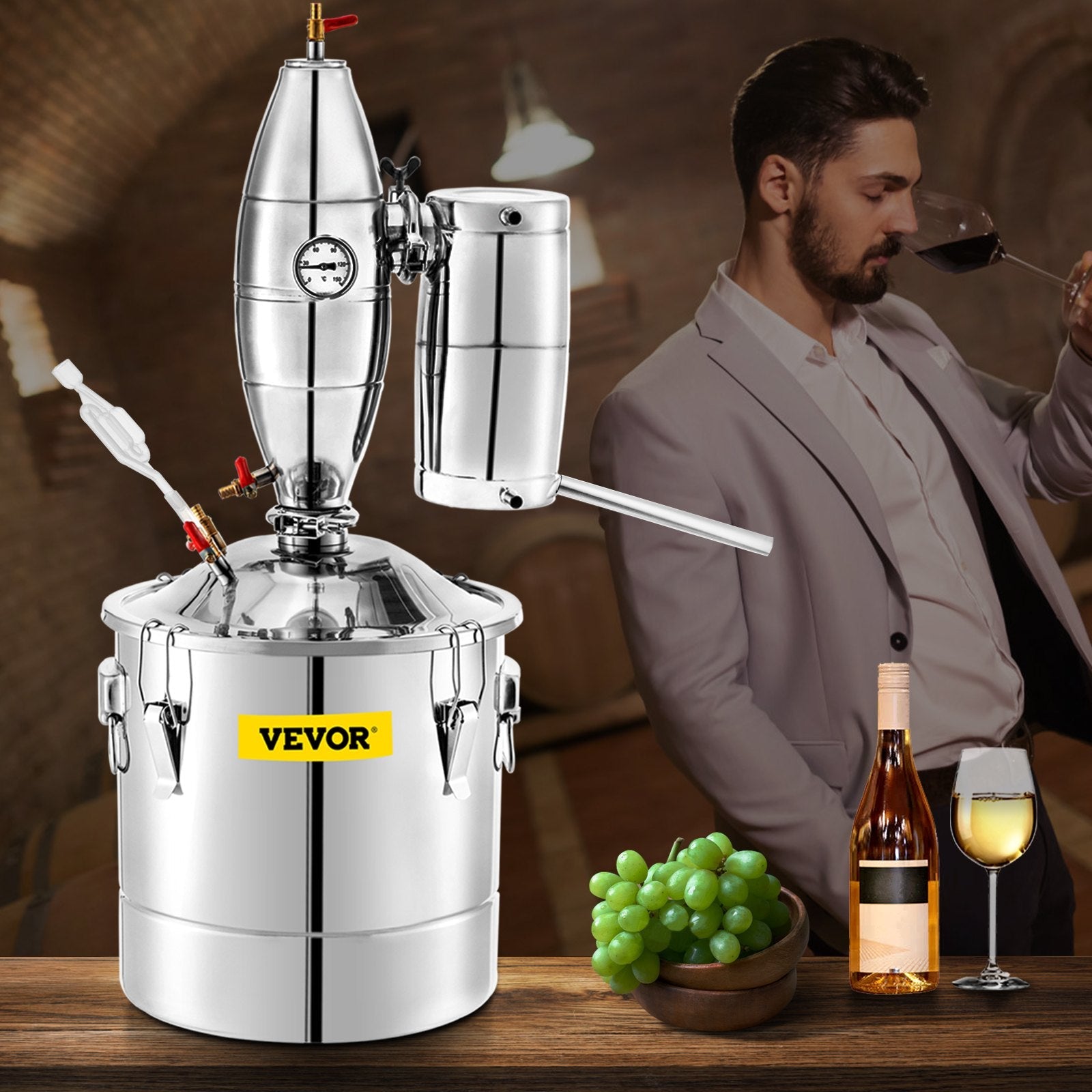VEVOR 30L 7.9Gal Water Alcohol Distiller 304 Stainless Steel Alcohol Still Wine Making Boiler Home Kit with Thermometer for Whiskey Brandy Essential, Sliver 