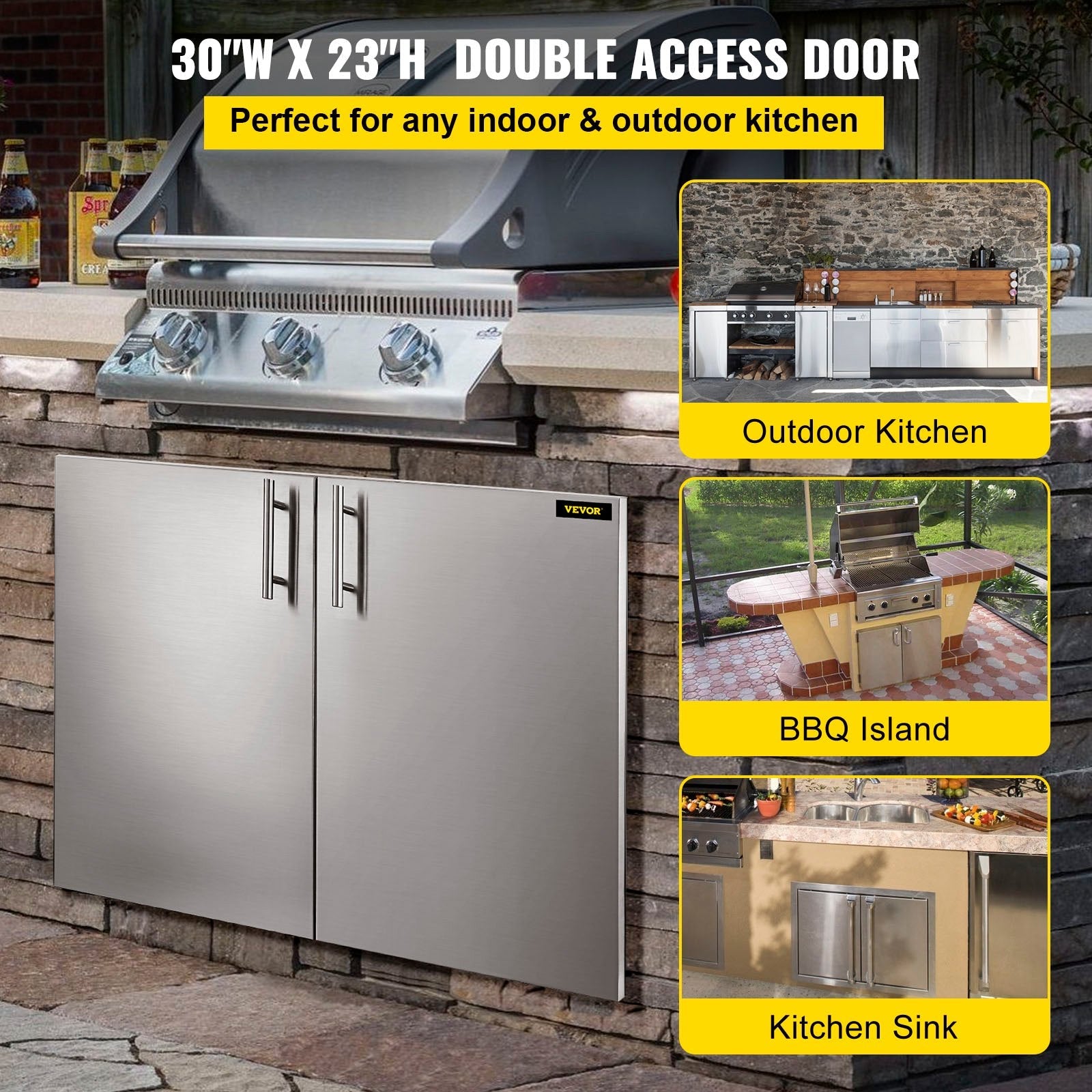 VEVOR Outdoor Kitchen Access 30\"x 23\" Wall Construction Stainless Steel Flush Mount for BBQ Island, 30inch x23inch, Double Door with Built-in Basket 