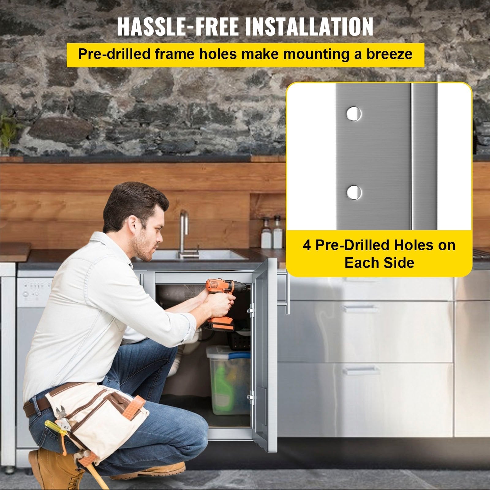 VEVOR Outdoor Kitchen Access 30\"x 23\" Wall Construction Stainless Steel Flush Mount for BBQ Island, 30inch x23inch, Double Door with Built-in Basket 