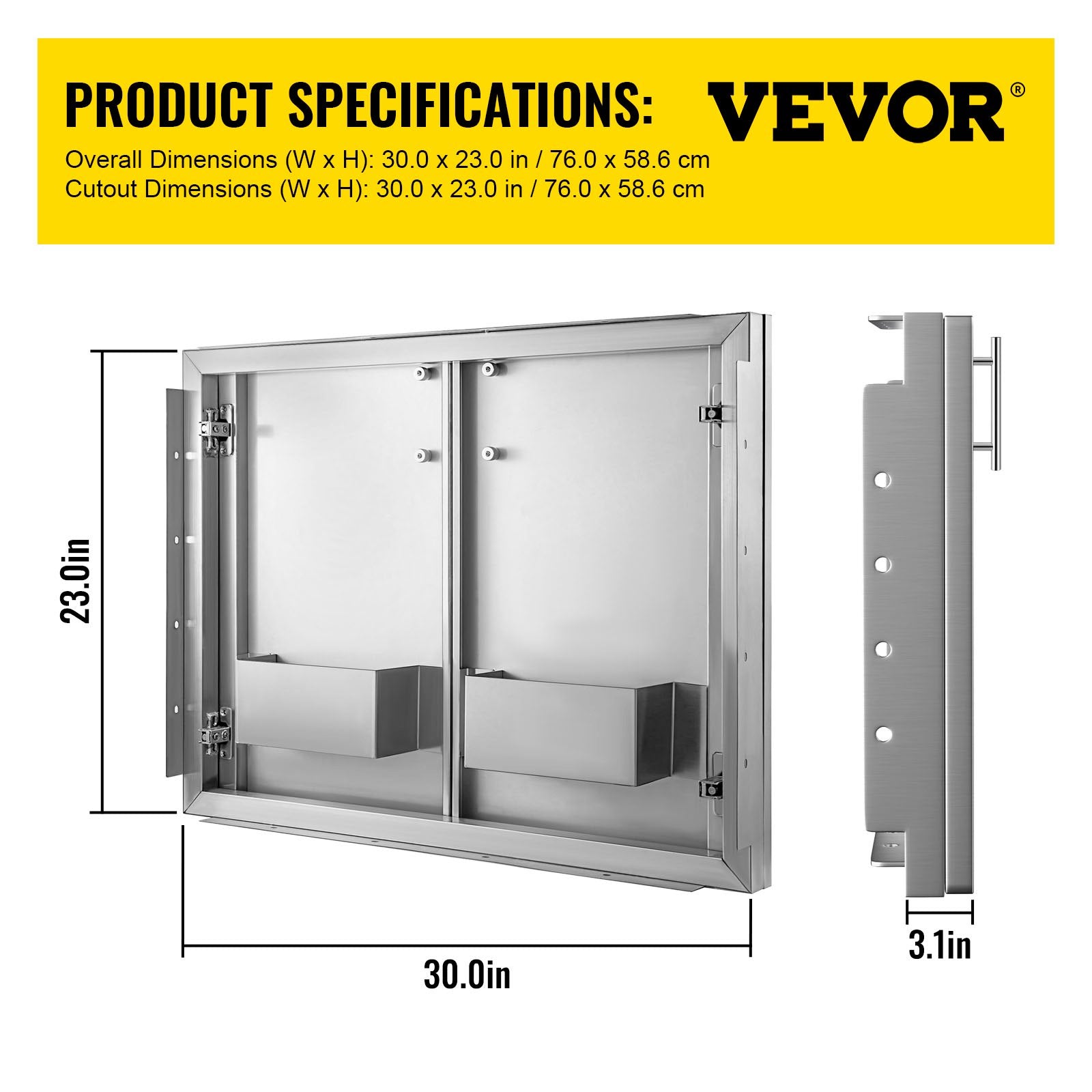 VEVOR Outdoor Kitchen Access 30\"x 23\" Wall Construction Stainless Steel Flush Mount for BBQ Island, 30inch x23inch, Double Door with Built-in Basket 