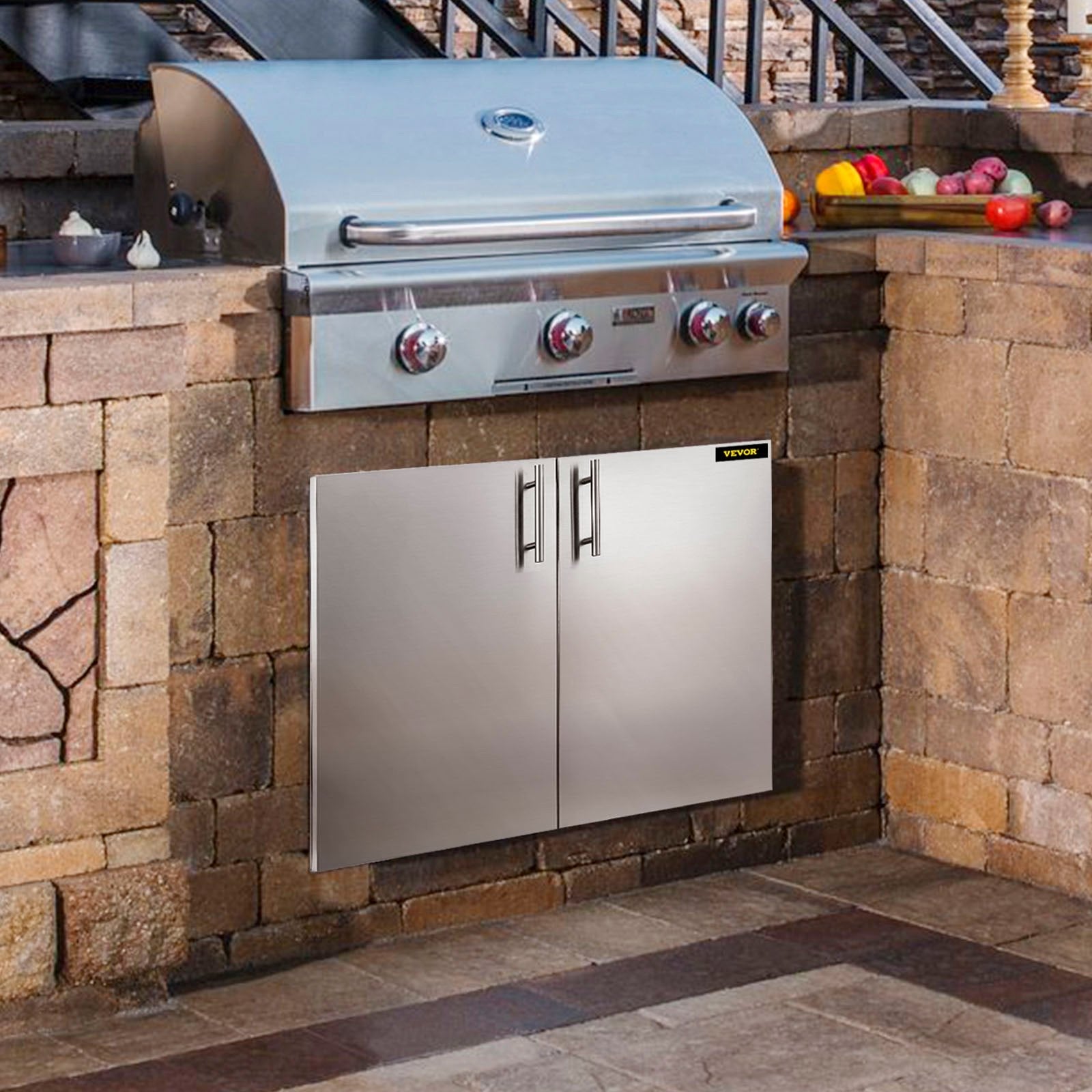 VEVOR Outdoor Kitchen Access 30\"x 23\" Wall Construction Stainless Steel Flush Mount for BBQ Island, 30inch x23inch, Double Door with Built-in Basket 