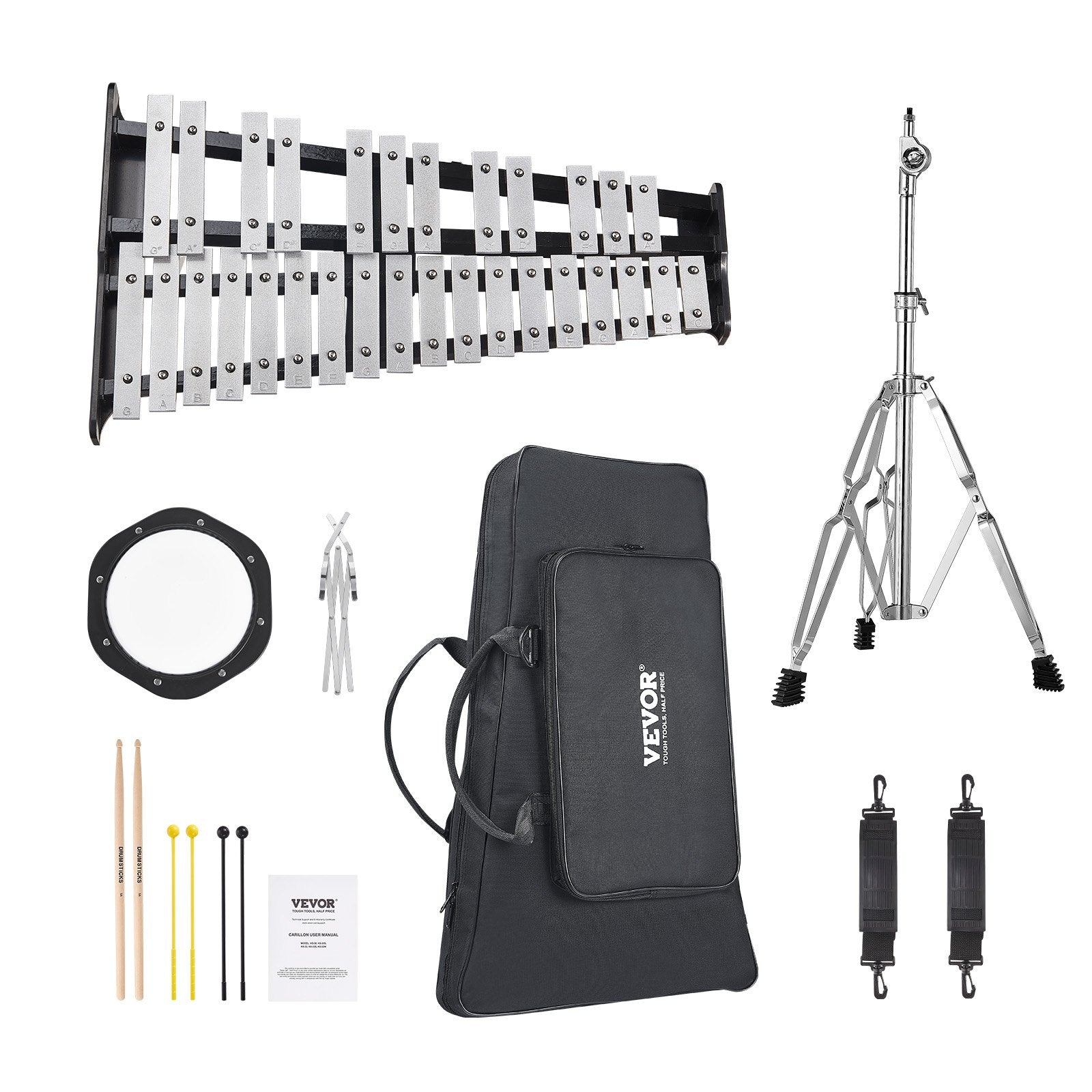 VEVOR 30 Note Glockenspiel Xylophone Bell Kit, Professional Percussion Instrument Set with Mallets, Drum Sticks, Music Stand,  8" Practice Pad, Adjustable Stand and Carrying Bag for Students & Adults 