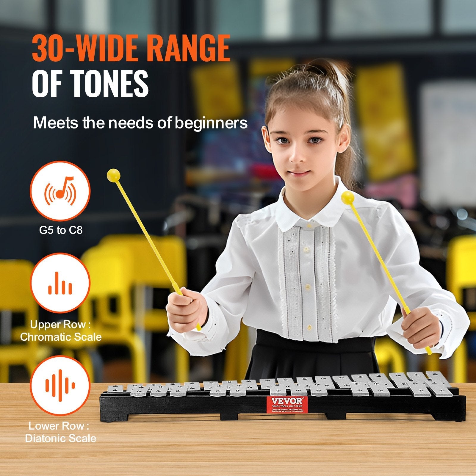 VEVOR 30 Note Glockenspiel Xylophone Bell Kit, Percussion Instrument with Mallets, Drum Sticks and Carrying Bag, Professional Glockenspiel Xylophone Percussion Instrument Set for Students & Adults 