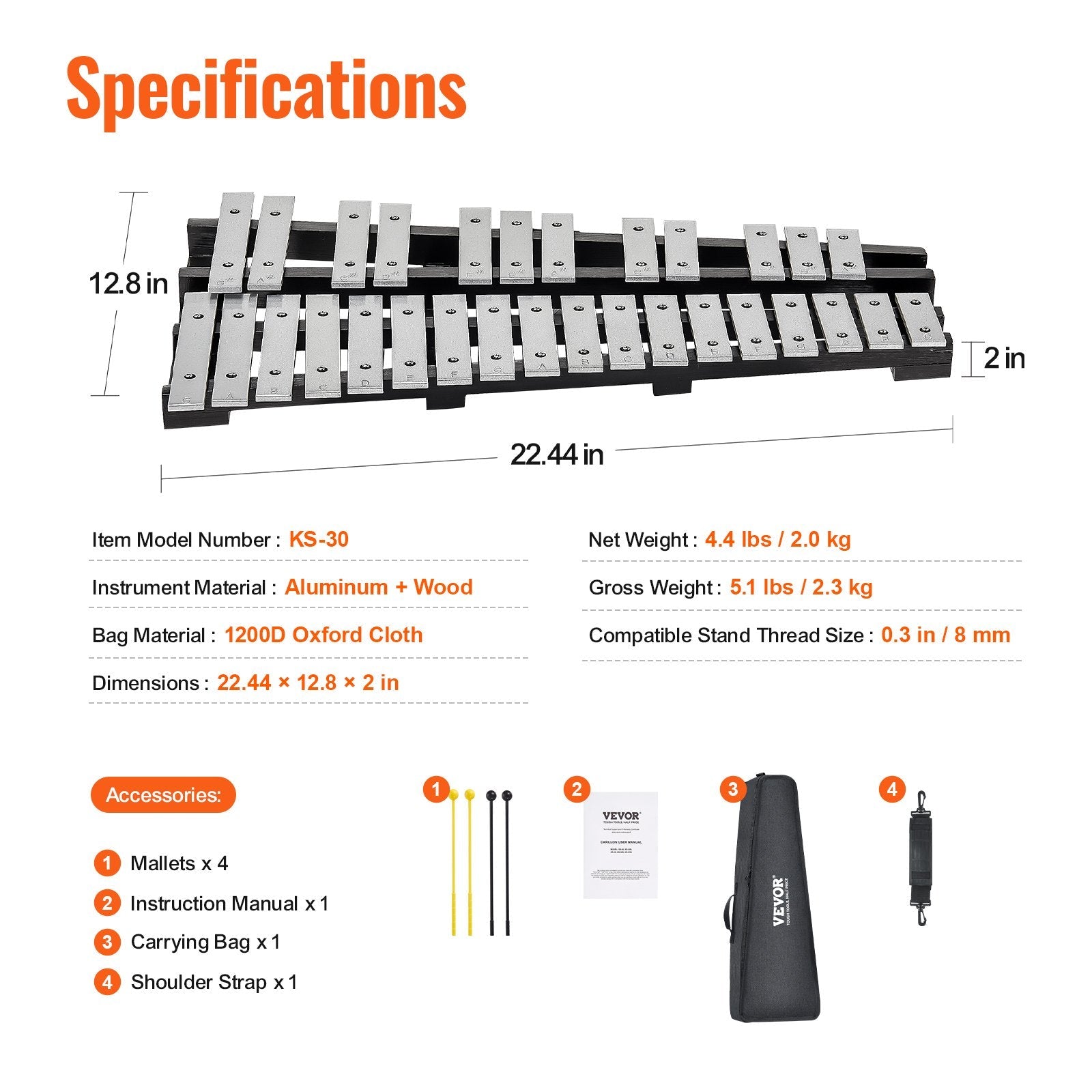 VEVOR 30 Note Glockenspiel Xylophone Bell Kit, Percussion Instrument with Mallets, Drum Sticks and Carrying Bag, Professional Glockenspiel Xylophone Percussion Instrument Set for Students & Adults 