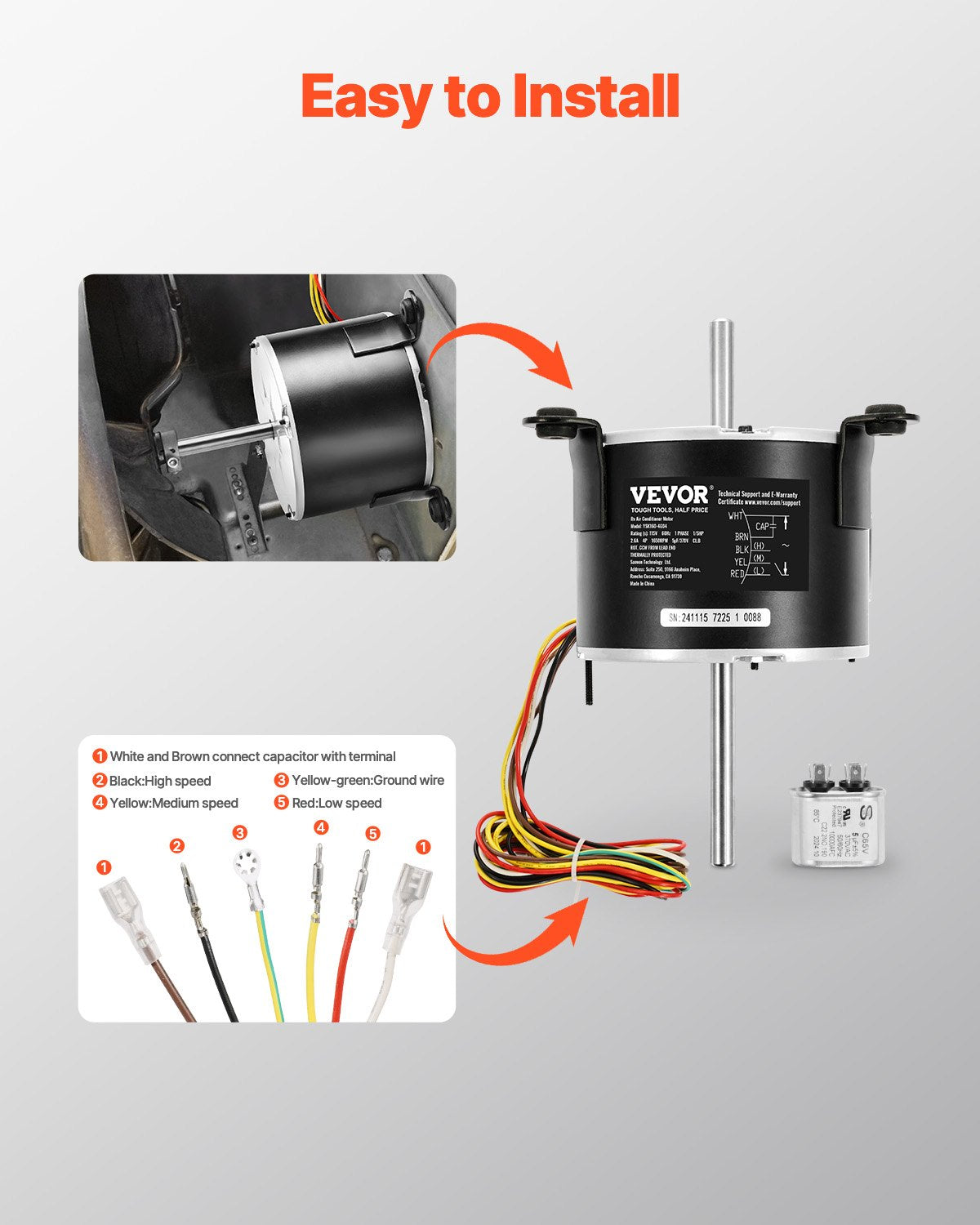 VEVOR 1/5HP RV AC Fan Motor AC115V 2.6 1650RPM Single Phase 5uf/370V Capacitor 