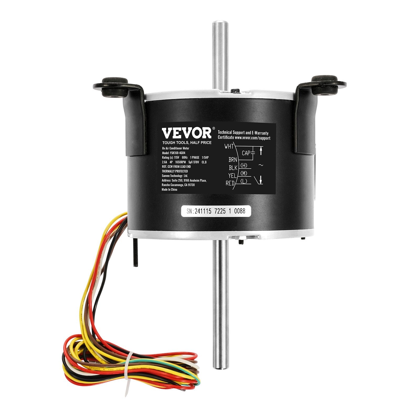VEVOR 1/5HP RV AC Fan Motor AC115V 2.6 1650RPM Single Phase 5uf/370V Capacitor 