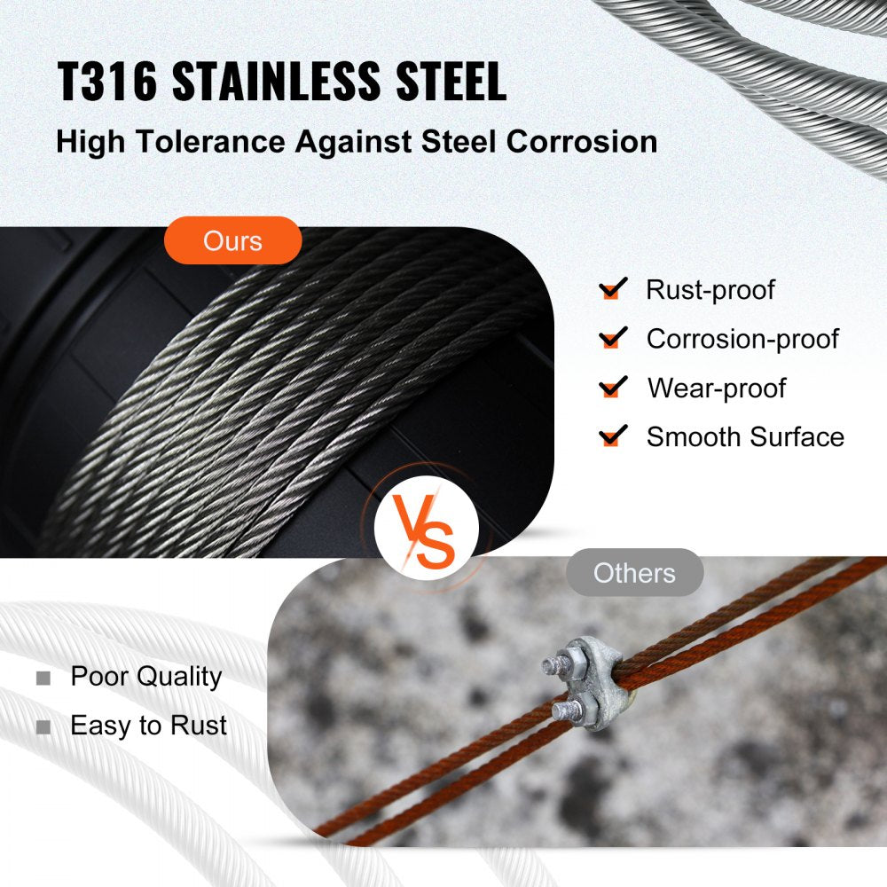 VEVOR Stainless Steel Cable Railing 1/8"x 500ft, Wire Rope 316 Marine Grade, Braided Aircraft Cable 1x19 Strands Construction for Deck,Rail,Balusters,Stair,Handrail,Porch,Fence 