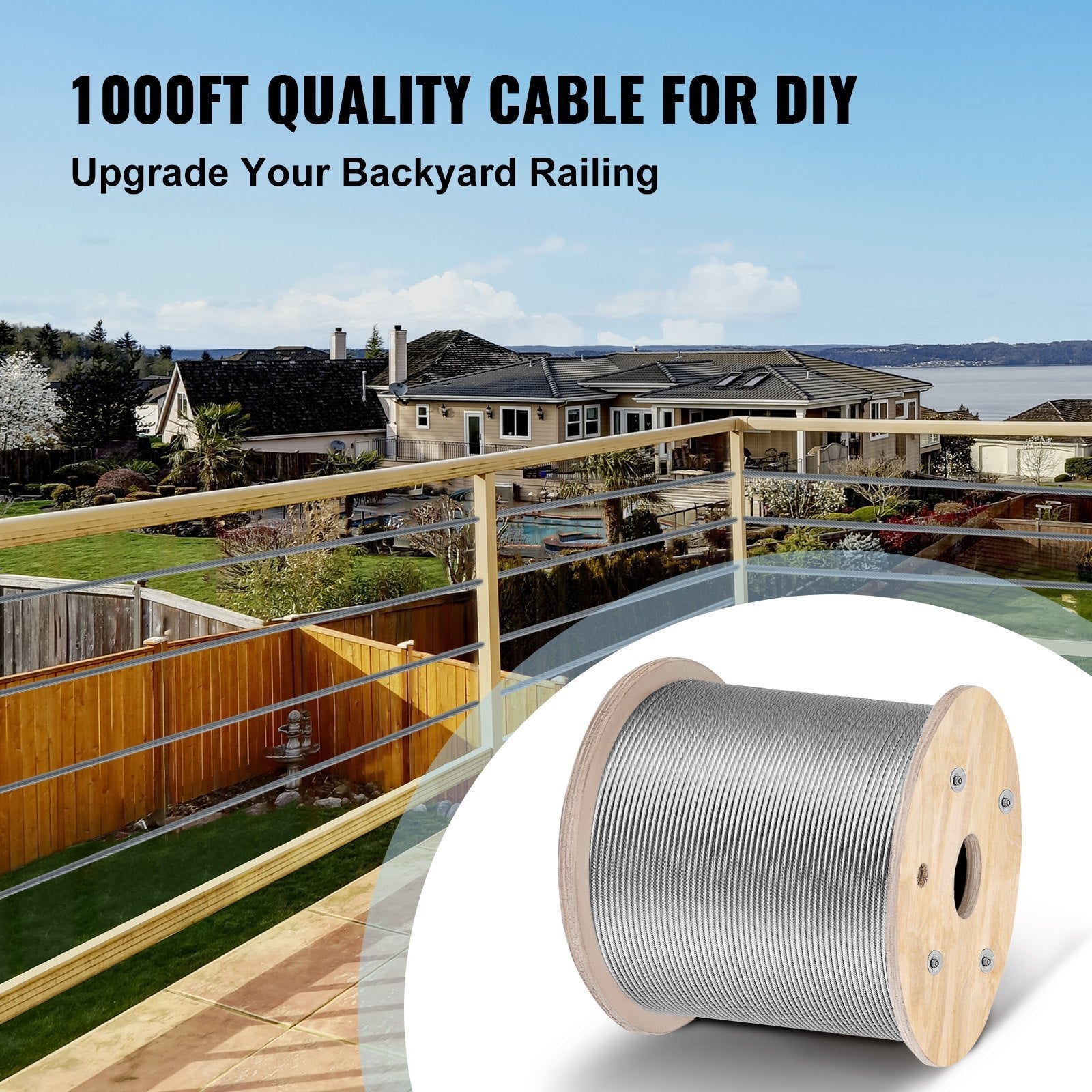 VEVOR Cable Railing 1000ft Stainless Steel Wire Rope 1/8" Stainless Stranded Wire 1x19 Wire Rope T316 (T316 1/8" 1000ft) 