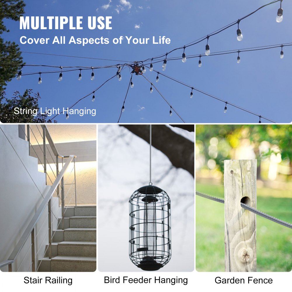 VEVOR Stainless Steel Cable Railing 1/8 Inch, Wire Rope 500 Feet 7x7, Braided Aircraft Cable Strands Construction for Deck,Rail,Balusters,Stair,Handrail,Porch,Fence 