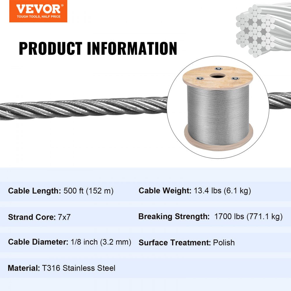VEVOR Stainless Steel Cable Railing 1/8 Inch, Wire Rope 500 Feet 7x7, Braided Aircraft Cable Strands Construction for Deck,Rail,Balusters,Stair,Handrail,Porch,Fence 