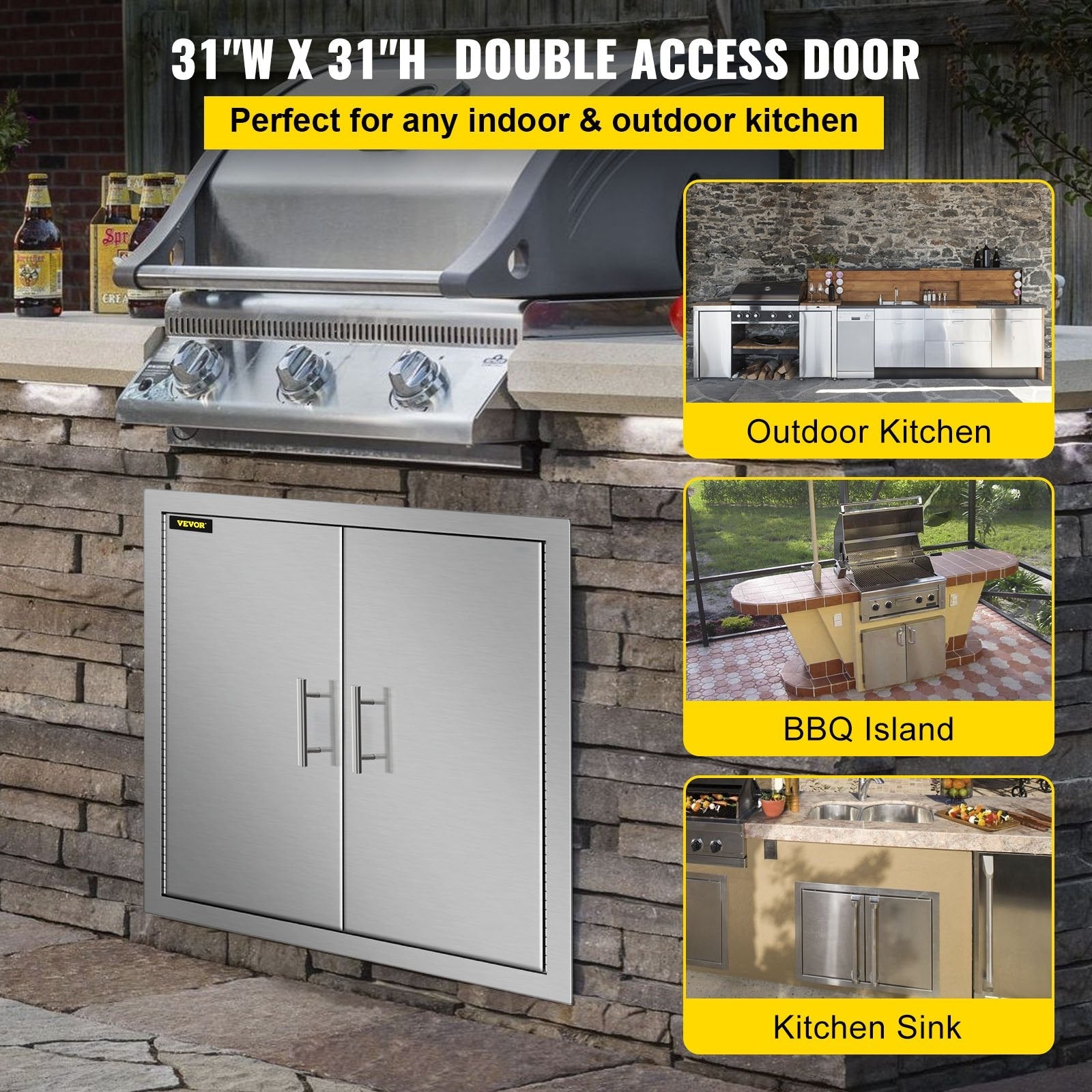 VEVOR 31 Inch BBQ Access Door 304 Stainless Steel BBQ Island 31W x 31H Inchs Double Door with Paper Towel Holder for Outdoor Kitchen 