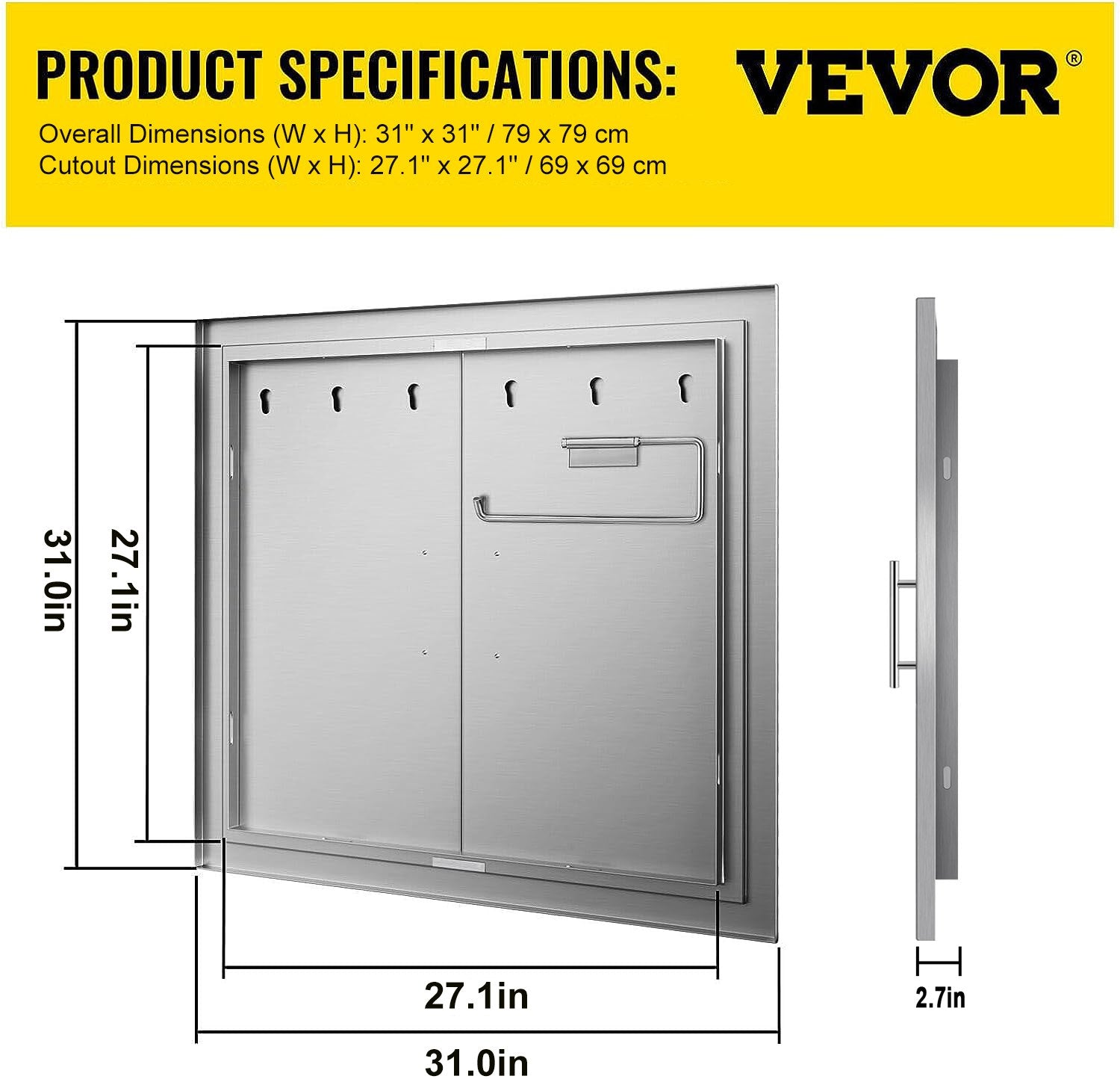 VEVOR 31 Inch BBQ Access Door 304 Stainless Steel BBQ Island 31W x 31H Inchs Double Door with Paper Towel Holder for Outdoor Kitchen 