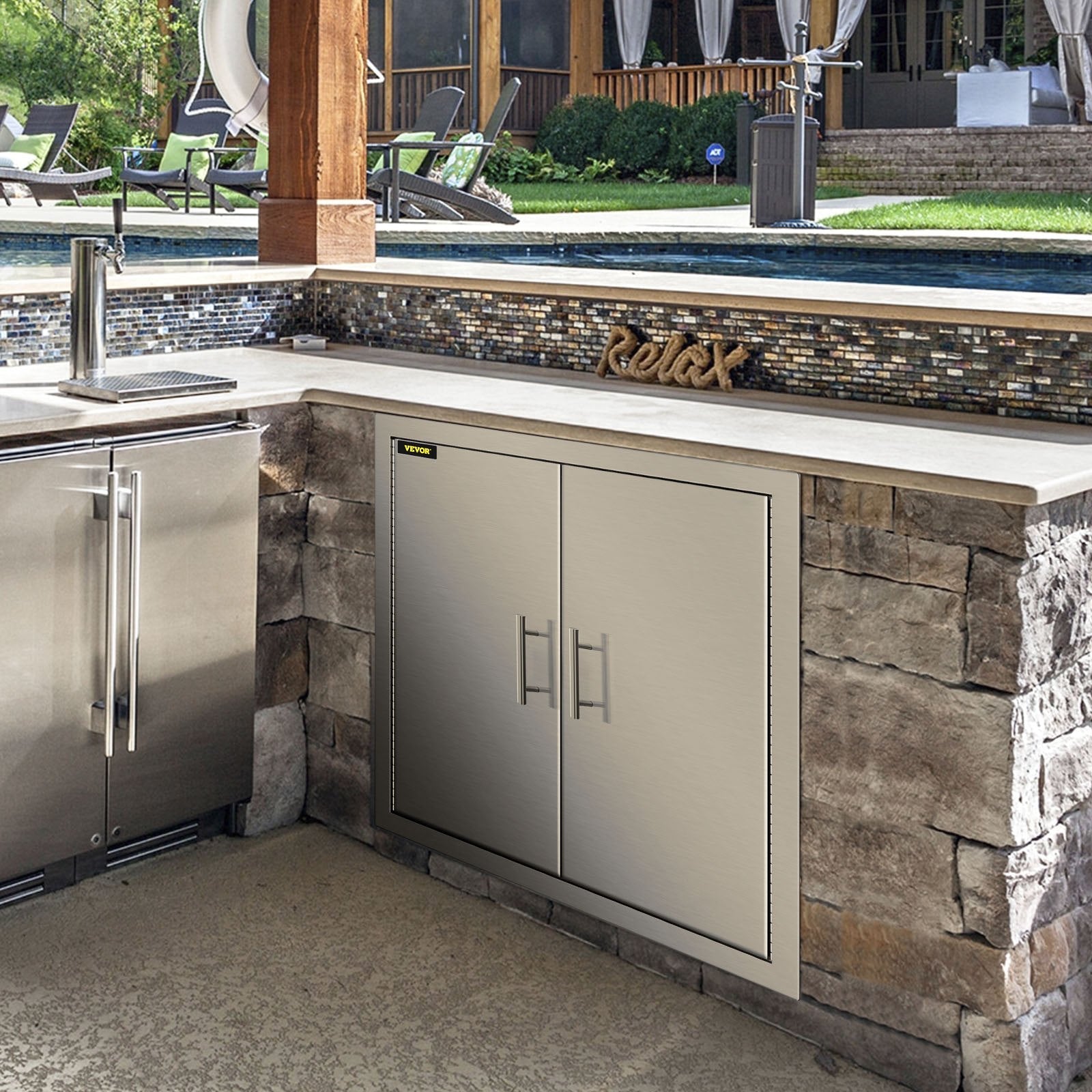 VEVOR 31 Inch BBQ Access Door 304 Stainless Steel BBQ Island 31W x 31H Inchs Double Door with Paper Towel Holder for Outdoor Kitchen 