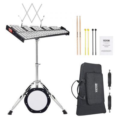 VEVOR 32 Note Glockenspiel Xylophone Bell Kit, Professional Percussion Instrument Set with Mallets, Drum Sticks, Music Stand,  8" Practice Pad, Adjustable Stand and Carrying Bag for Students & Adults 