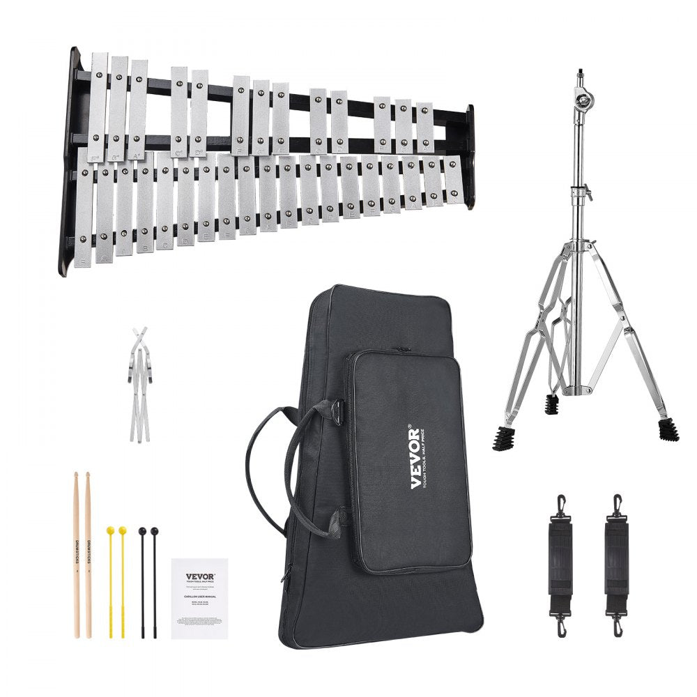 VEVOR 32 Note Glockenspiel Xylophone Bell Kit, Professional Percussion Instrument Set with Mallets, Drum Sticks, Music Stand, Adjustable Stand and Carrying Bag for Students & Adults 