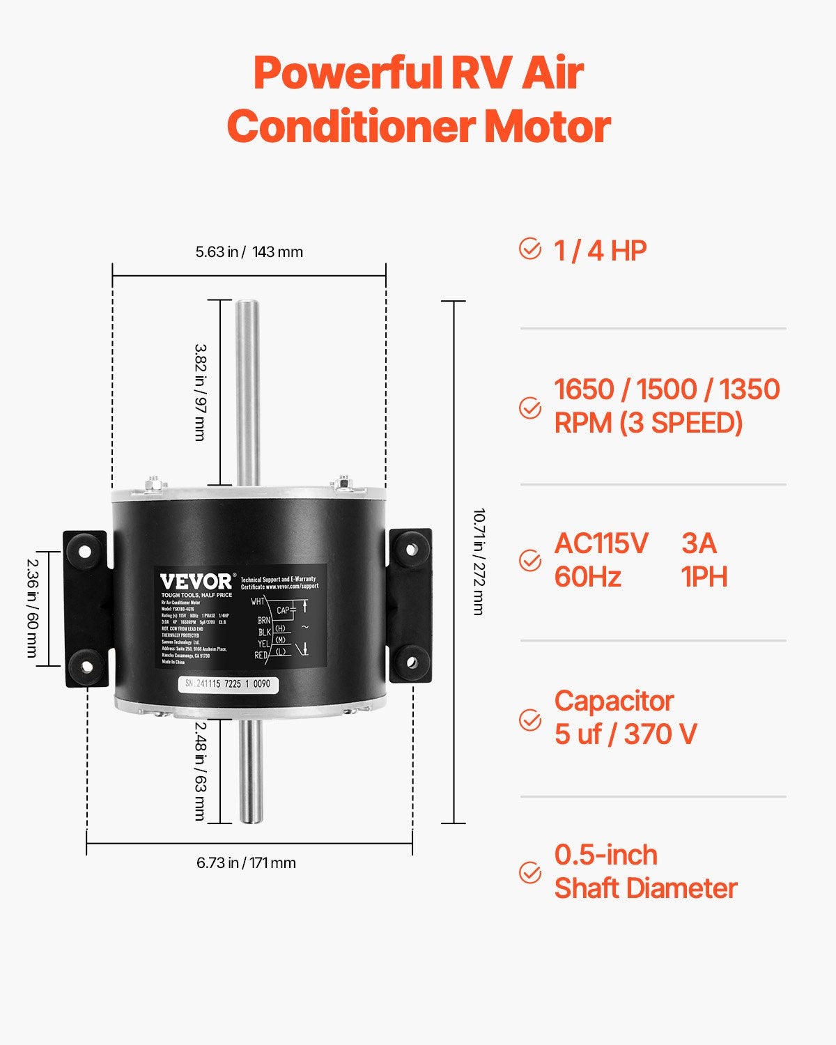 VEVOR 1/4HP RV AC Fan Motor AC115V 3A 1650RPM Single Phase 5uf/370V Capacitor 