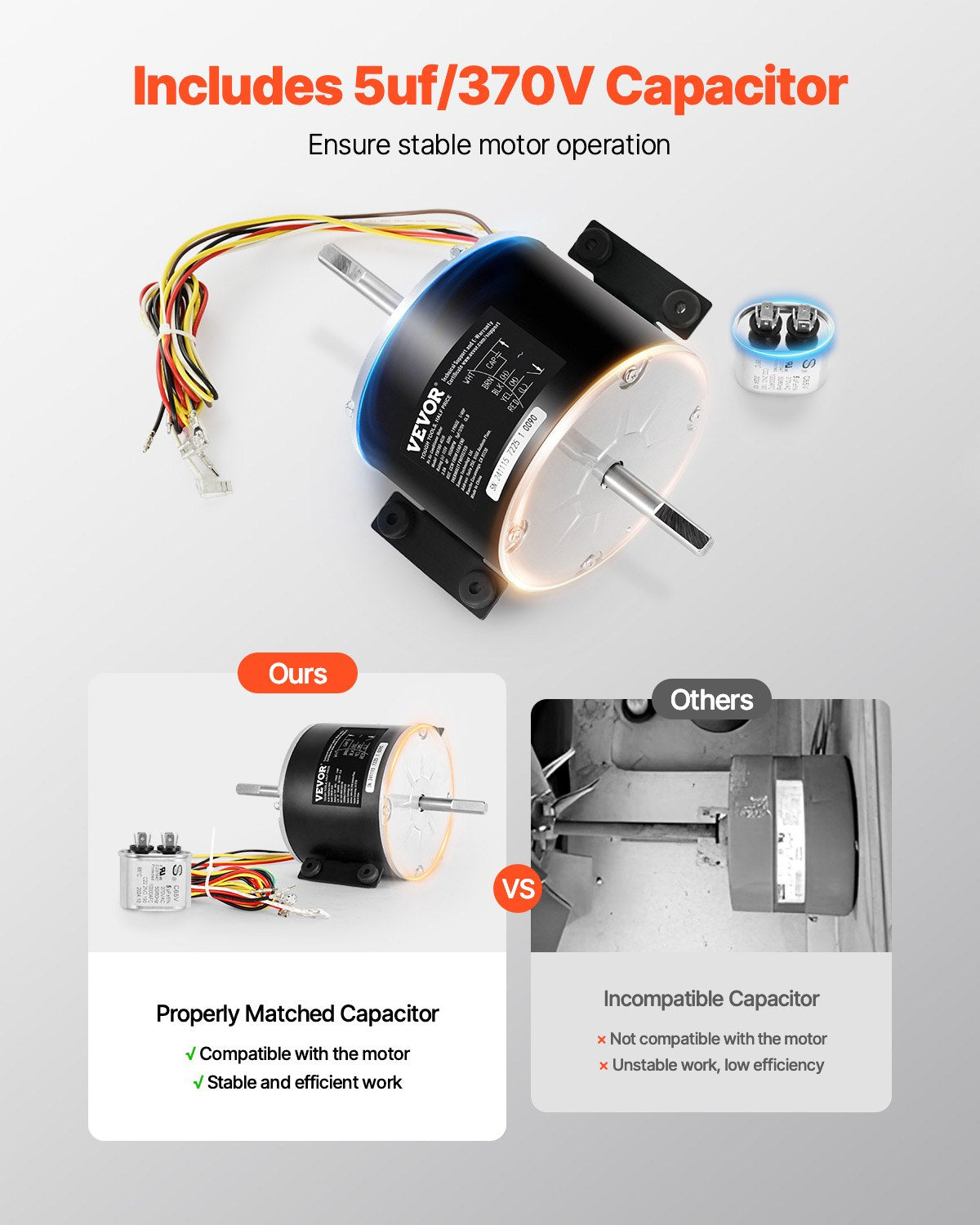 VEVOR 1/4HP RV AC Fan Motor AC115V 3A 1650RPM Single Phase 5uf/370V Capacitor 