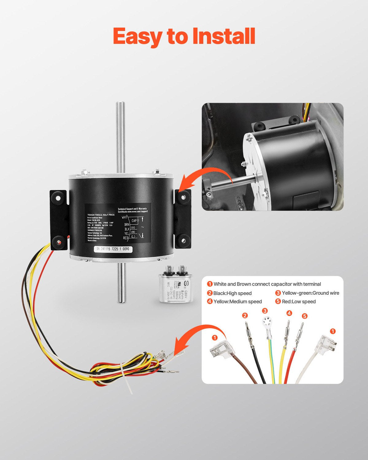 VEVOR 1/4HP RV AC Fan Motor AC115V 3A 1650RPM Single Phase 5uf/370V Capacitor 
